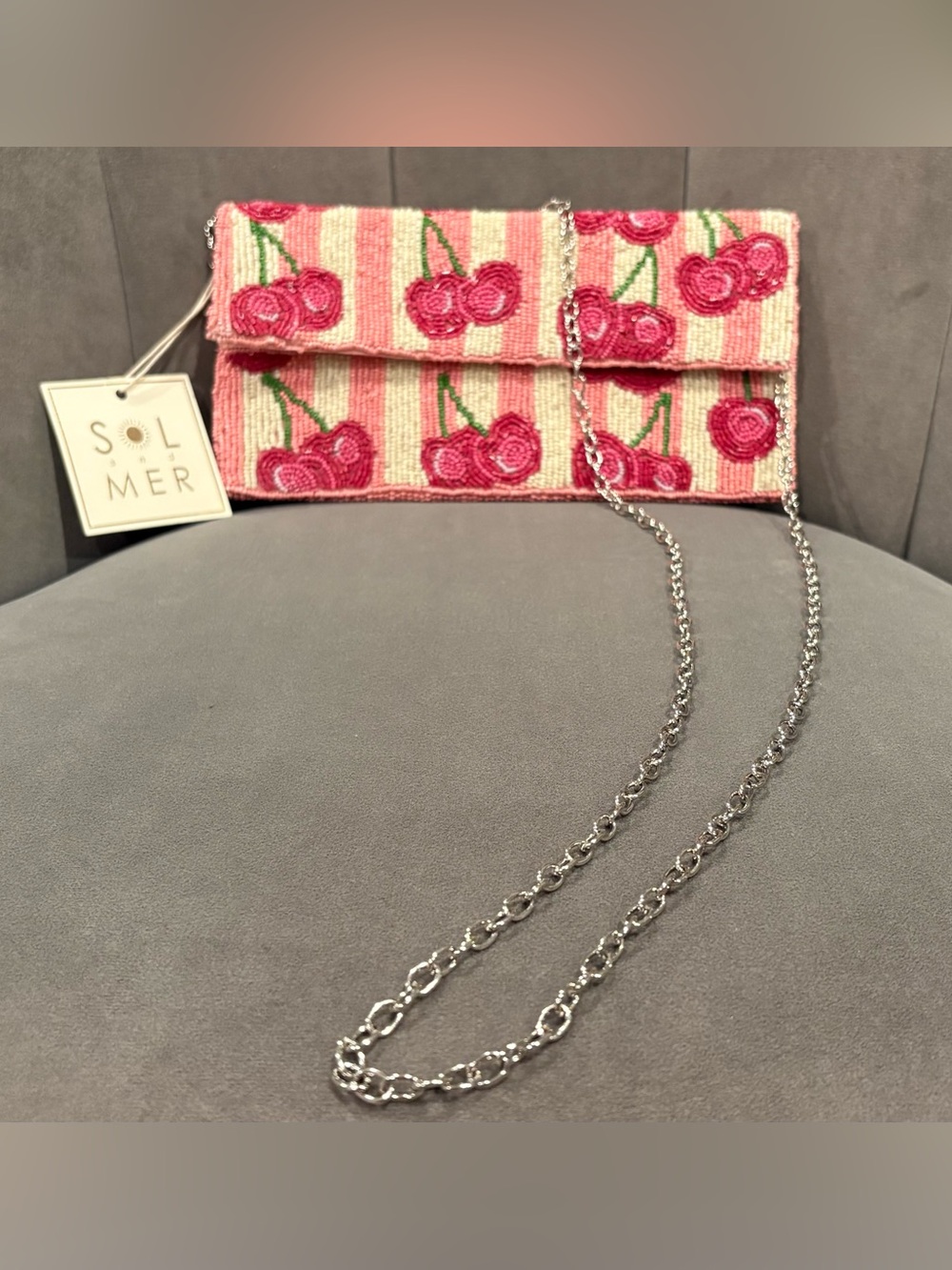 Pink Cherry Beaded Clutch with Chain Strap